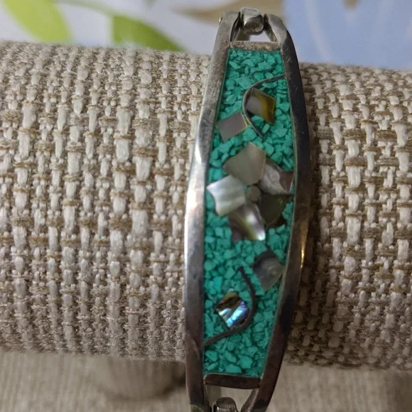 Taxco Mexico Silver, Turquoise Chip, And Abalone Hinged Floral Bracelet, 6.75" - Picture 3 of 4